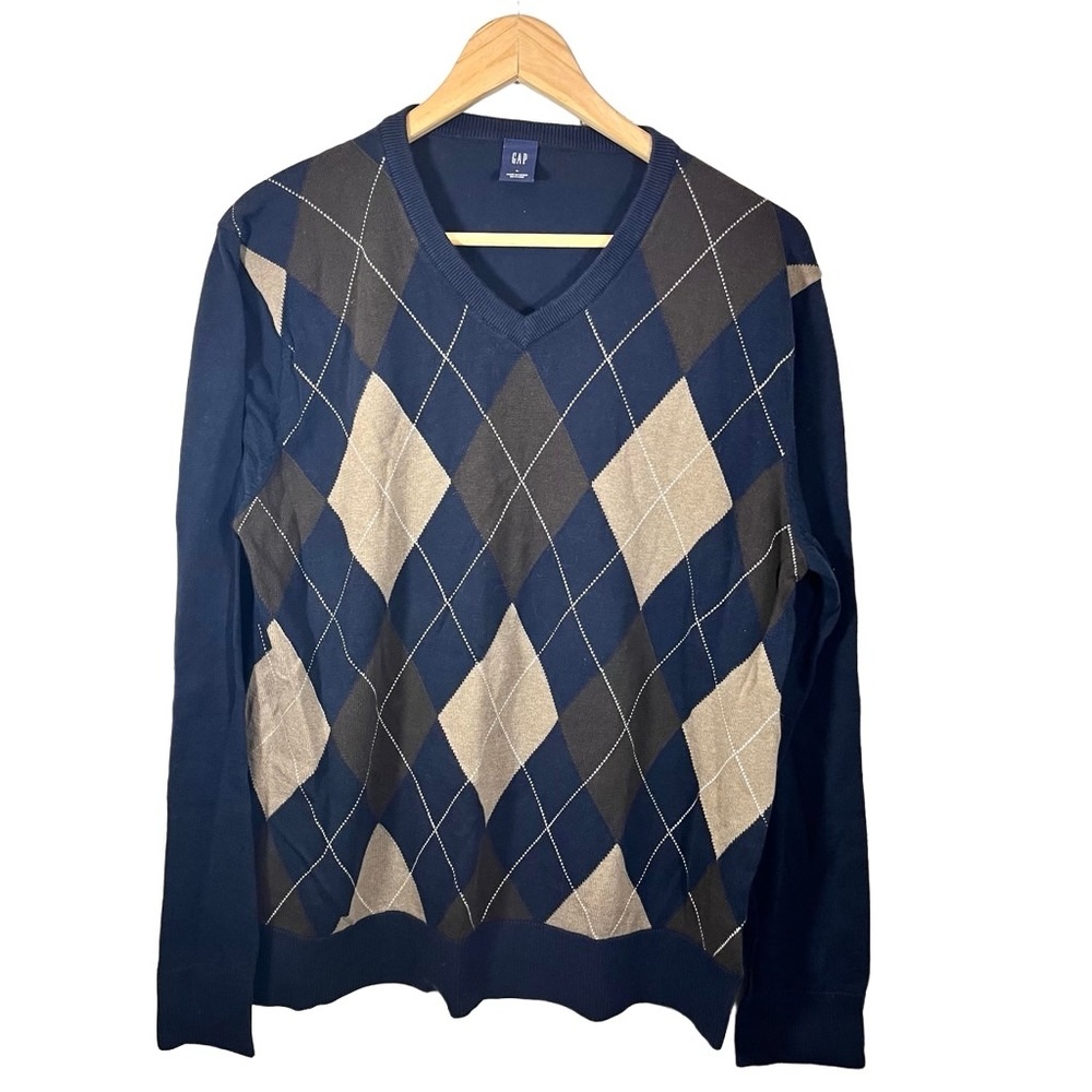 Gap Men’s Navy Blue & Tan Argyle Academia Long Sleeve V Neck Sweater Size Large
